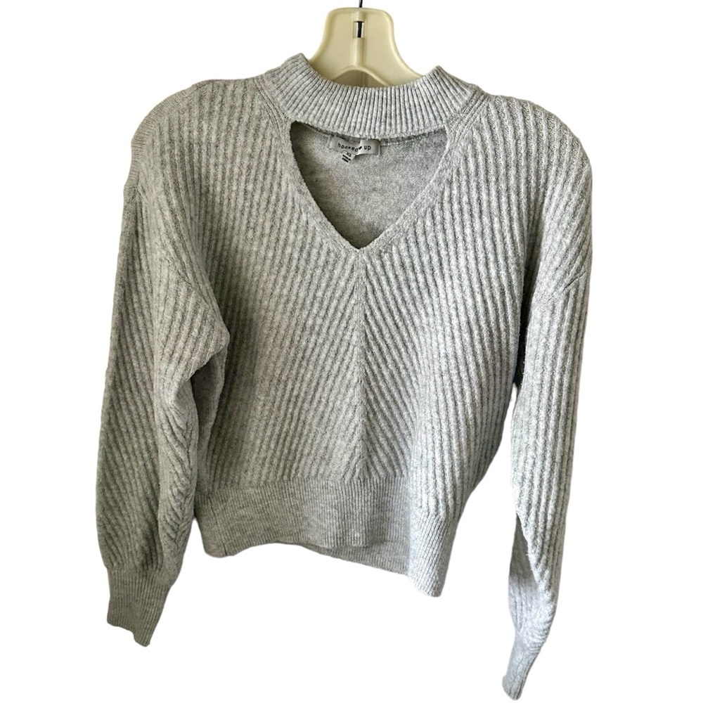 HOOKED UP Women's Grey Melange V -Neck Cutout Ribbed Soft Pullover Size XS